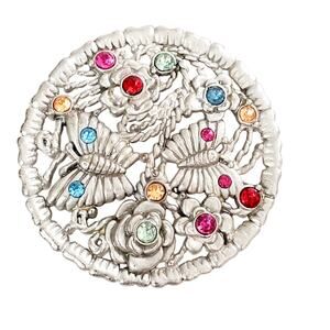 RARE Round Belt Buckle Butterflies Flowers Colored Stones Integrated Loop Silver